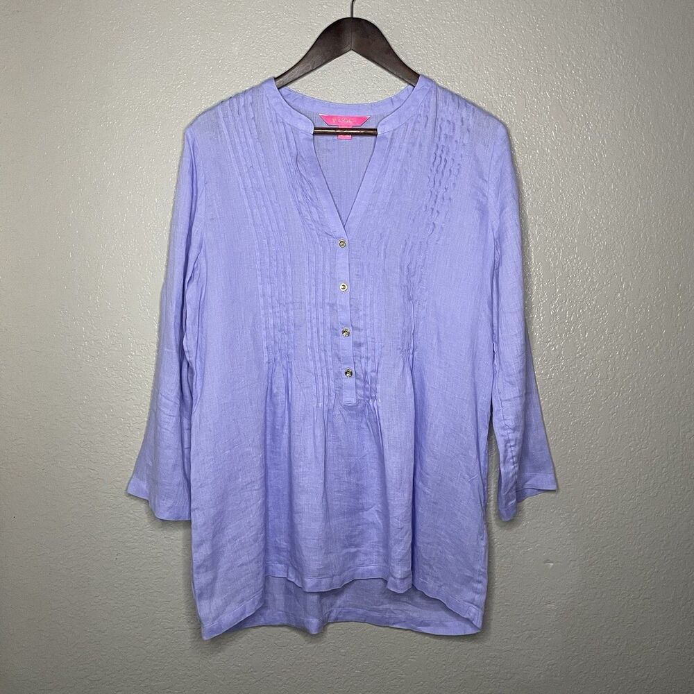Lilly Pulitzer Womens Medium Sarasota 100% Linen Lilac Purple Popover Tunic Top